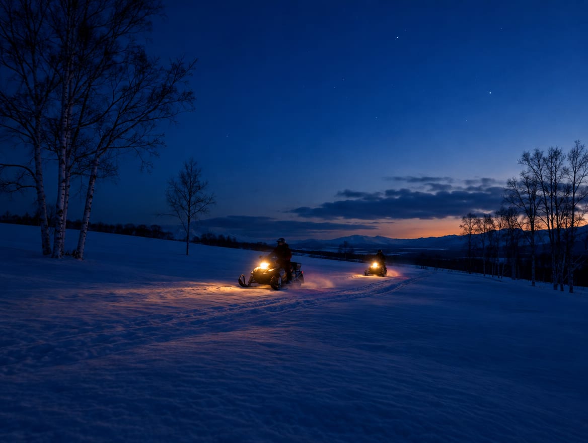 Night ride: headlights across the snowfield at dusk