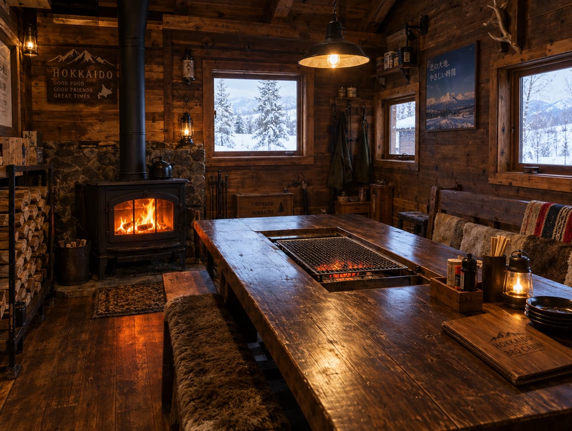 Inside the BBQ house: stove glow and wooden walls