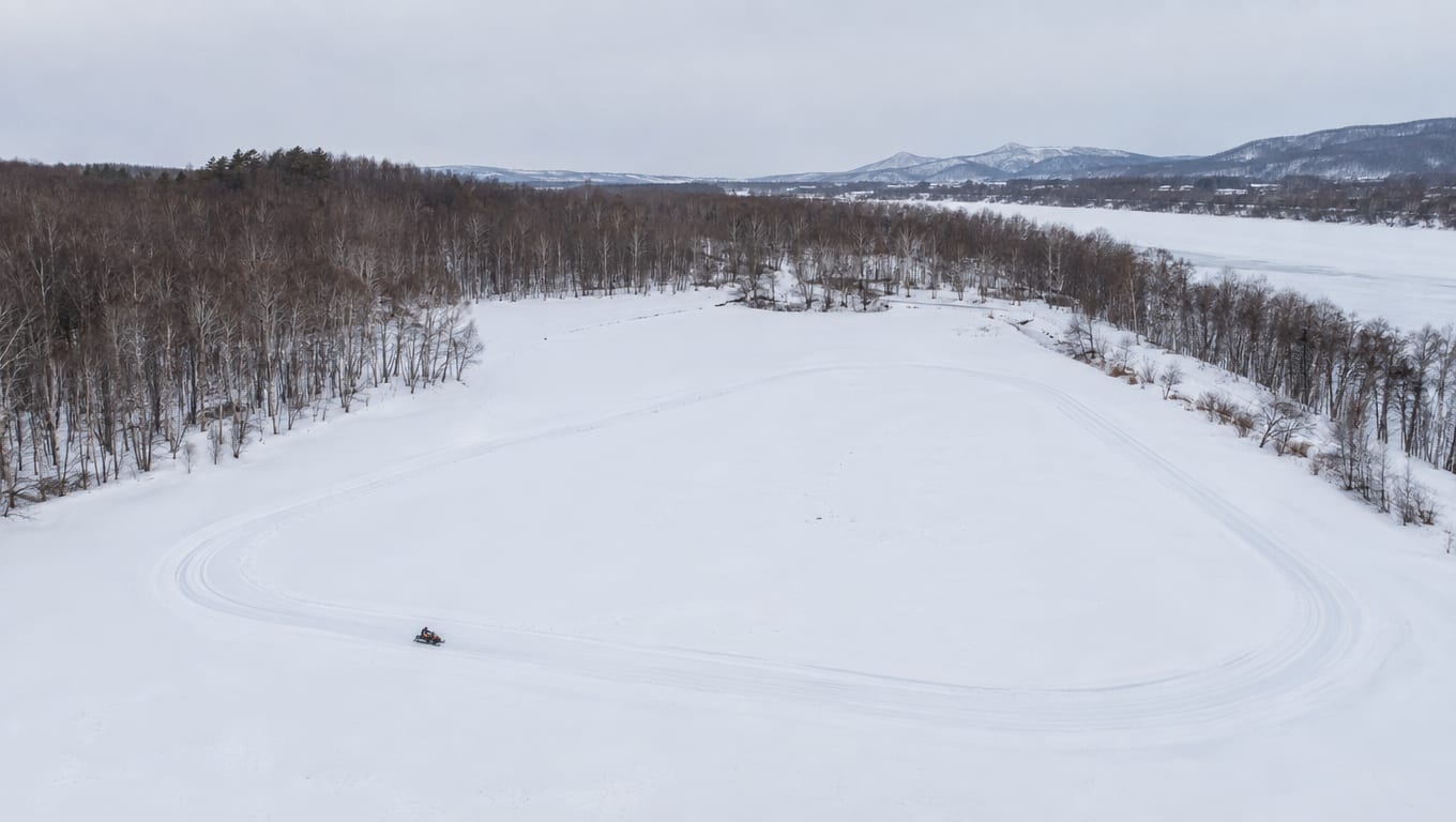 The snowfield course from above, loop tracks visible