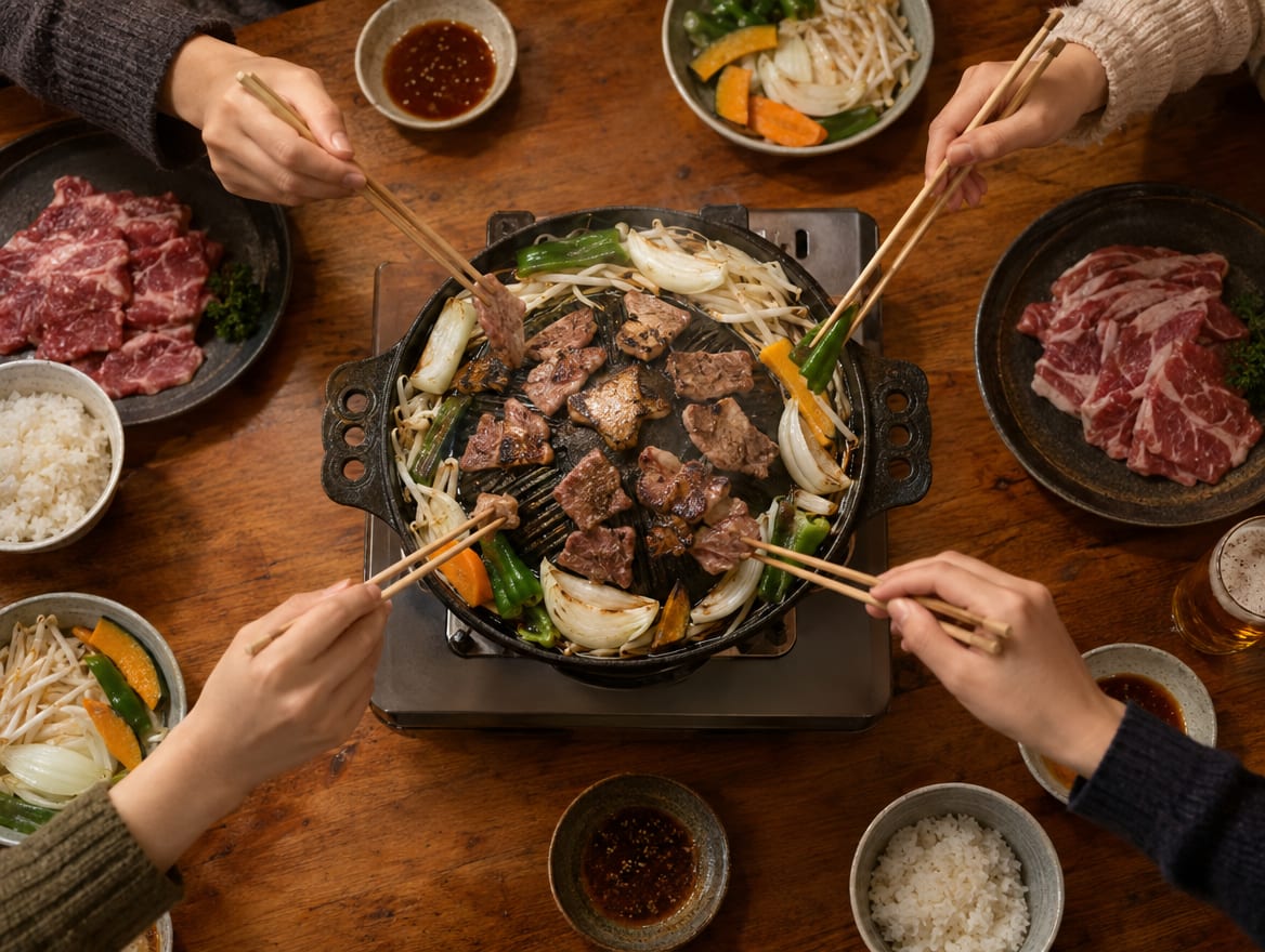 Family hands around the jingisukan grill
