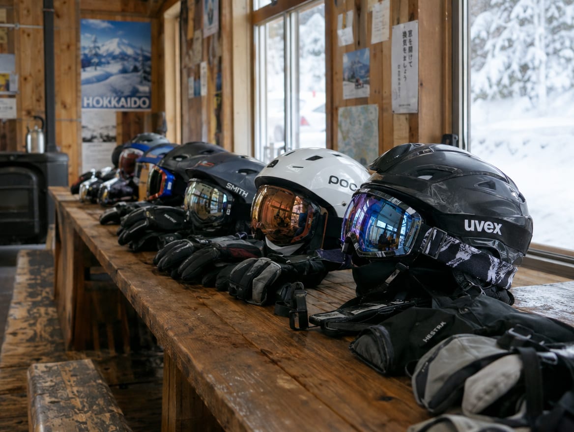 Helmets and goggles ready on a bench