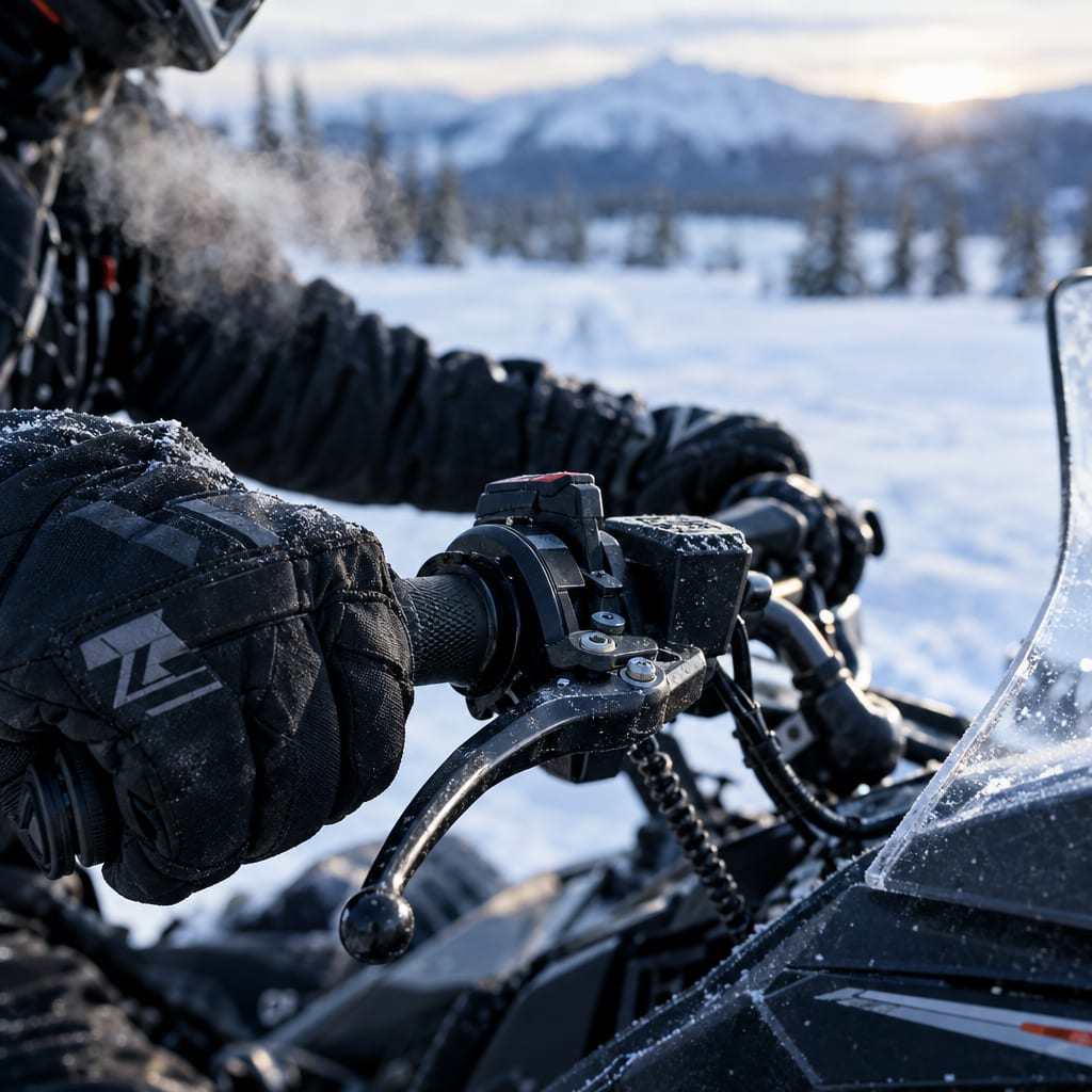 Gloved hands on the handlebar, close-up