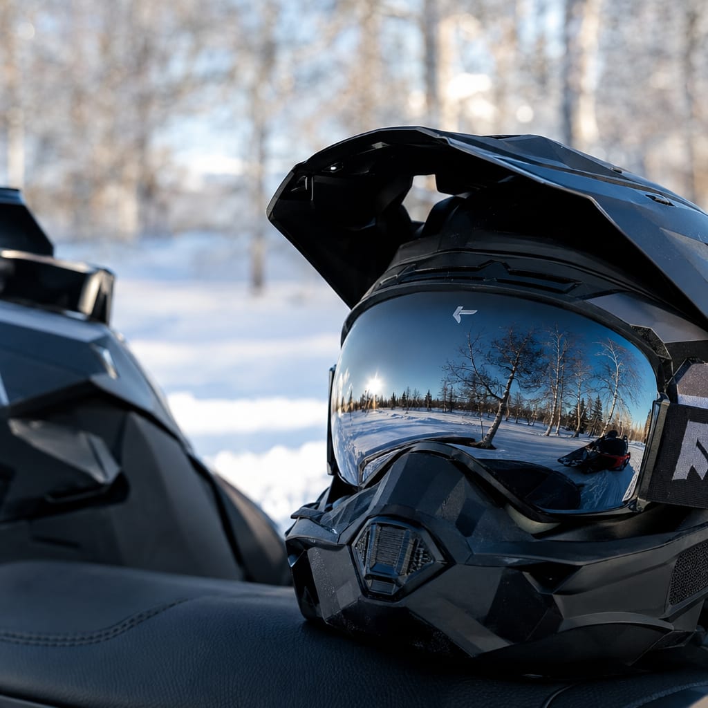 Snowfield reflected in a helmet visor and goggles