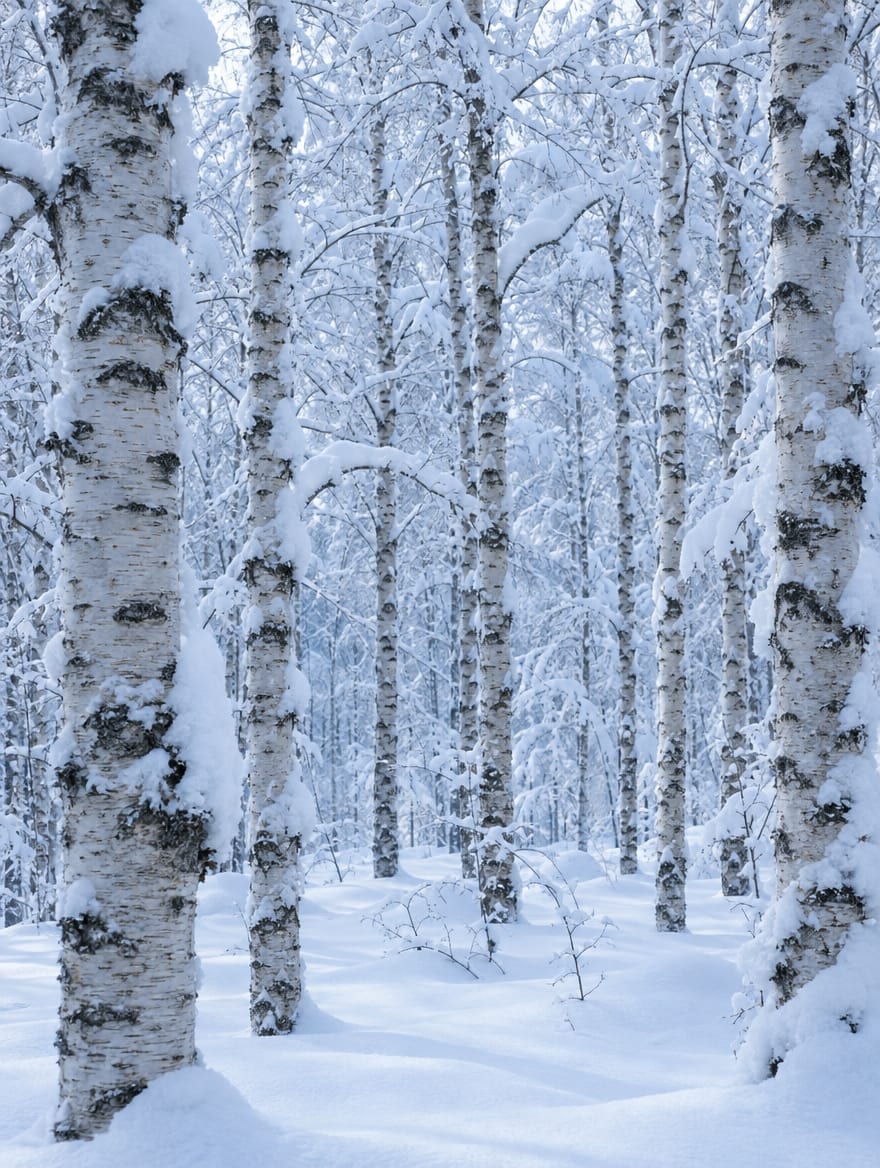 Snow-laden birch forest