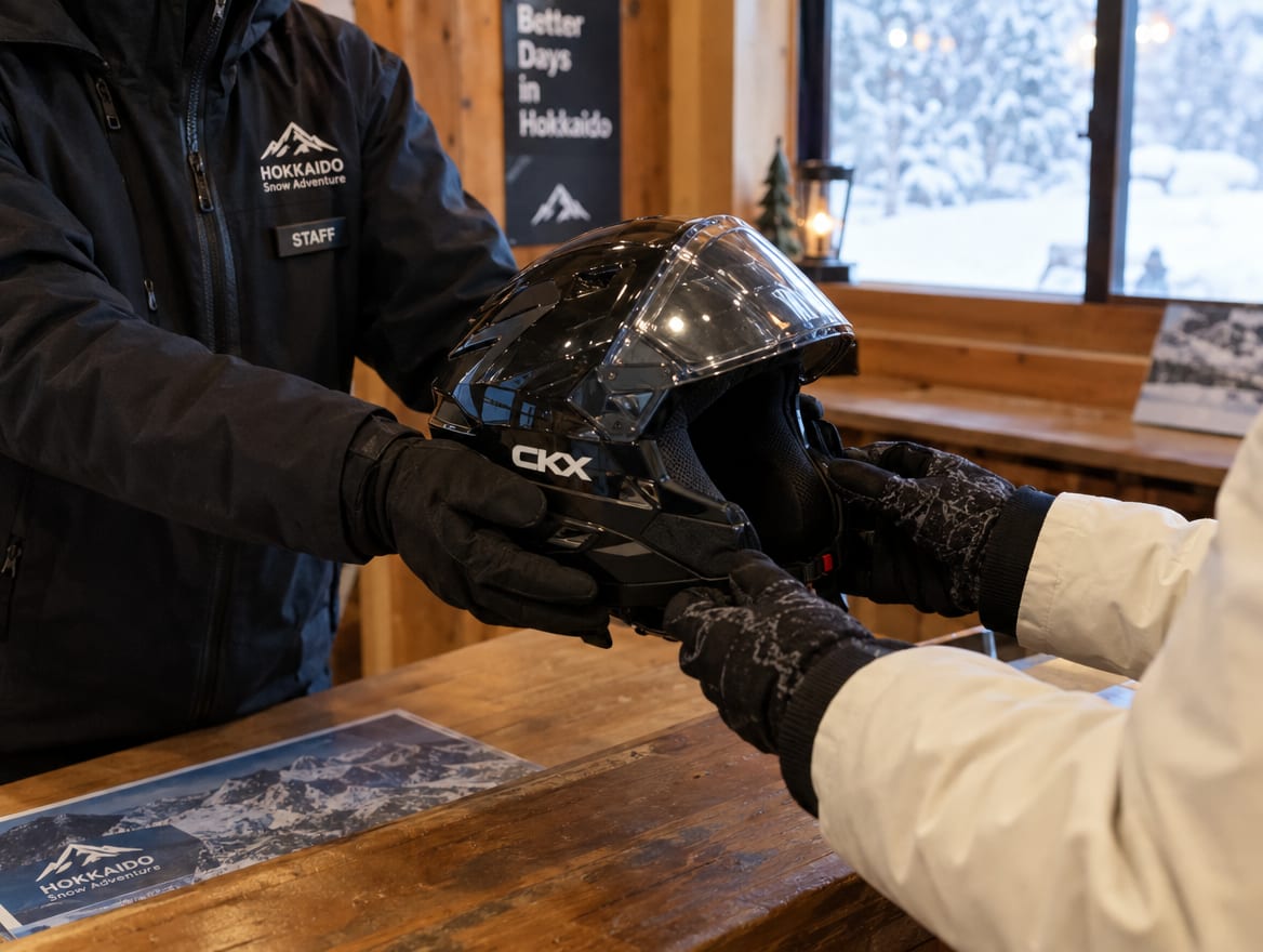 Staff handing a helmet to a guest, hands only