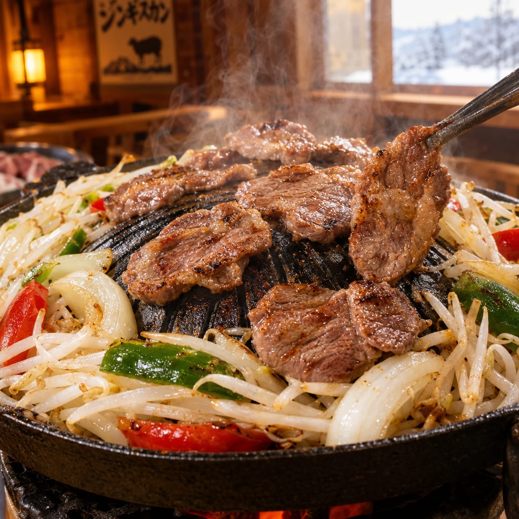Jingisukan sizzling on the grill, close-up