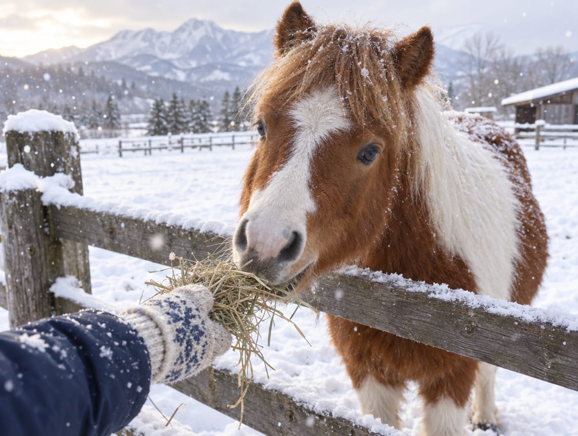 A mittened hand offering hay to a pony in the snow