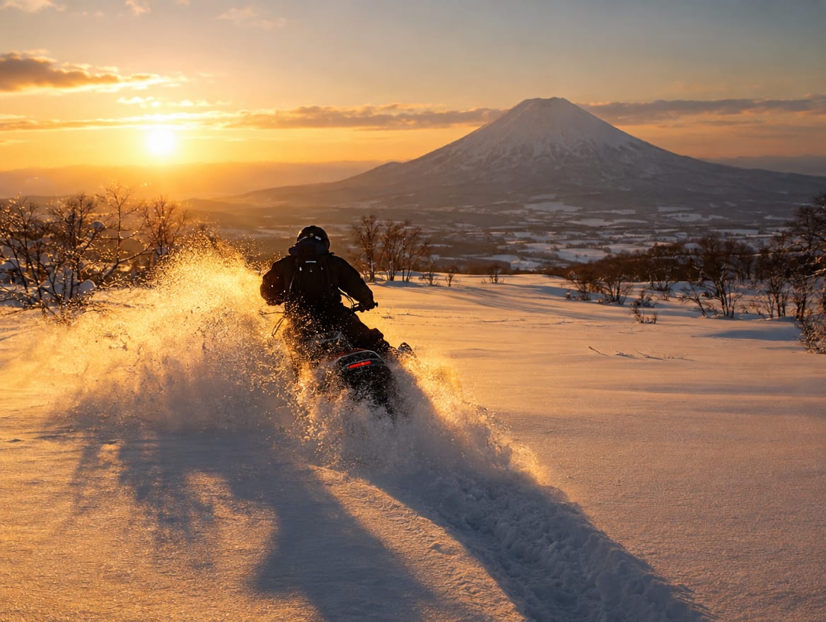 A snowmobile throwing powder, backlit by the morning sun