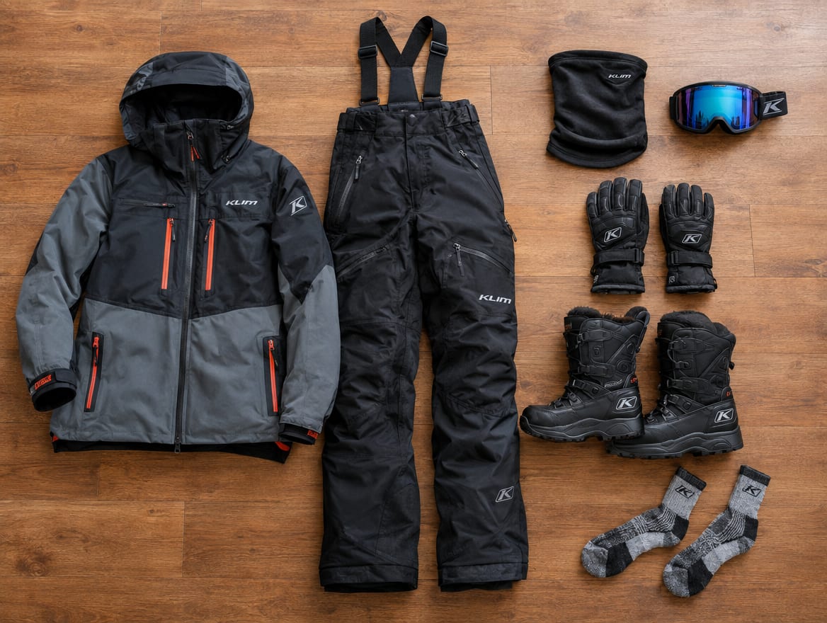 What to wear: flat lay of ski wear, gloves, goggles and winter boots
